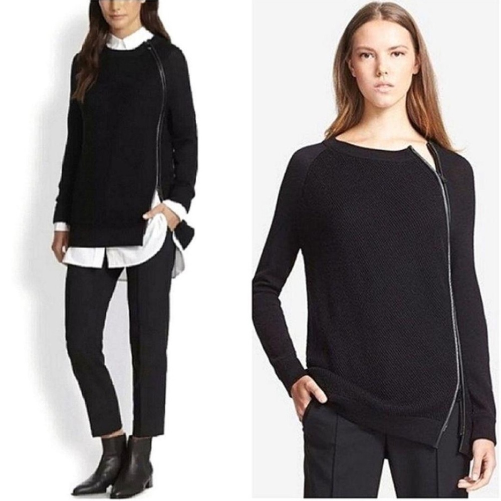 Vince, black diagonal zip wool crewneck sweater